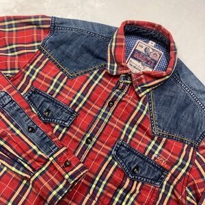 Vintage Denim Plaid Long Sleeve Button Up Shirt Western Cowboy Lumberjack *READ